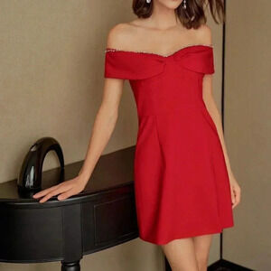 Red Elegant Women's Off Shoulder Rhinestone Trim Ruched Bust Dress